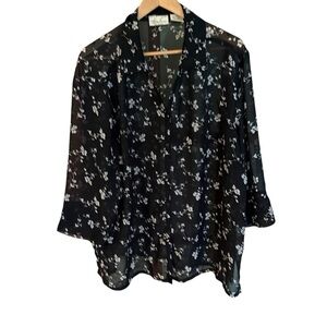 Vintage Kathie Lee Women's Sheer Black Button Up Blouse 3/4 length floral 22W/24